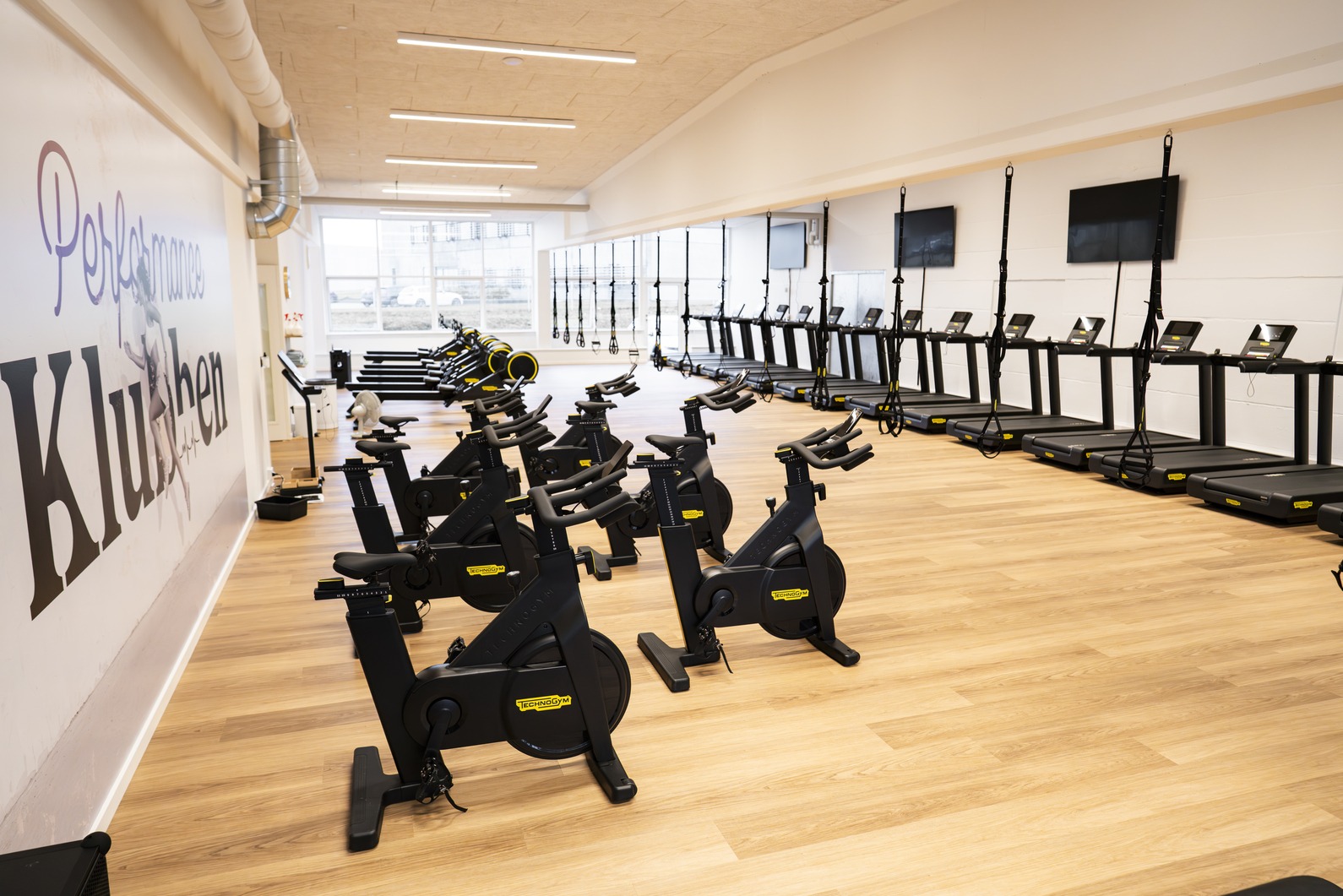 Moderne træningssal i Højbjerg med Technogym cykler, løbebånd og TRX til holdbaseret pulstræning.